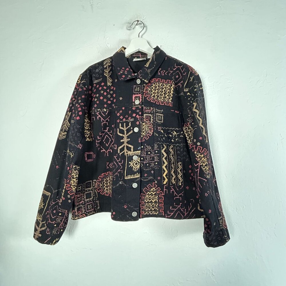 Chico's Design Womens Aztec Print Beaded Jean Jacket Size 2 Black Button Front